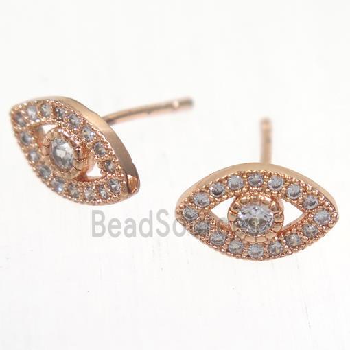 copper evil eye earring studs paved zircon, rose gold