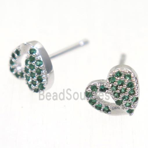 copper Heart earring studs paved zircon, platinum plated