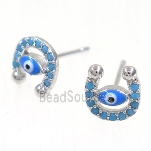 copper evil eye earring studs paved zircon, U-shape, platinum plated