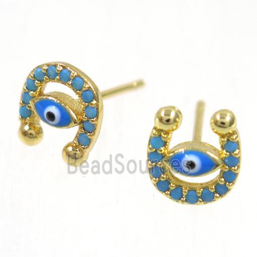 copper evil eye earring studs paved zircon, U-shape, gold plated