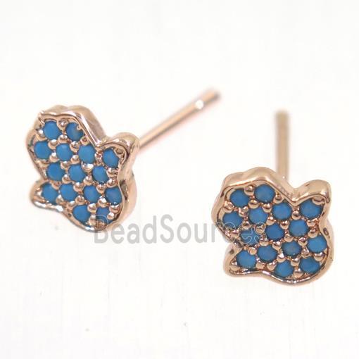 copper hamsahand earring studs paved zircon, rose gold