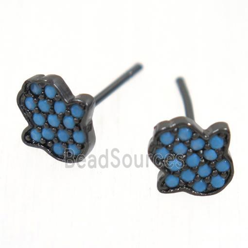 copper hamsahand earring studs paved zircon, black plated