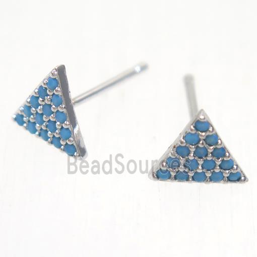 copper triangle earring studs paved zircon, platinum plated