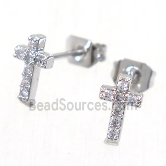 copper cross earring studs paved zircon, platinum plated