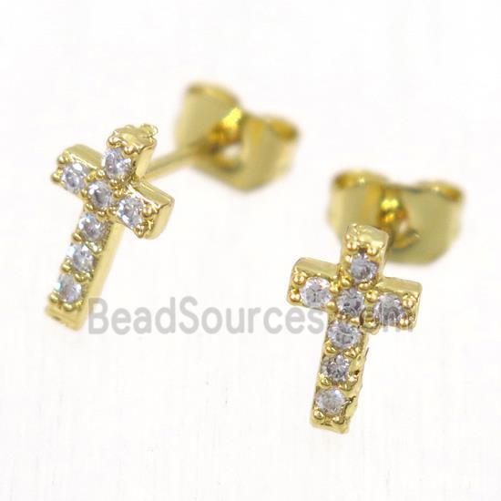 copper cross earring studs paved zircon, gold plated