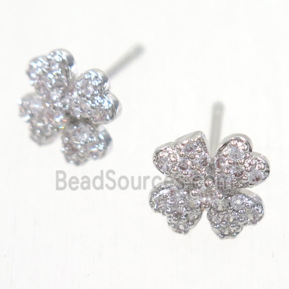 copper clover earring studs paved zircon, platinum plated