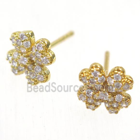 copper clover earring studs paved zircon, gold plated