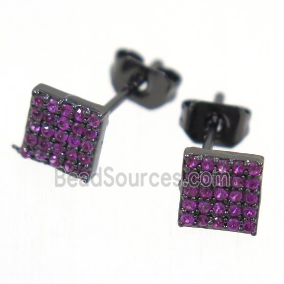 copper square earring studs paved hotpink zircon, black plated