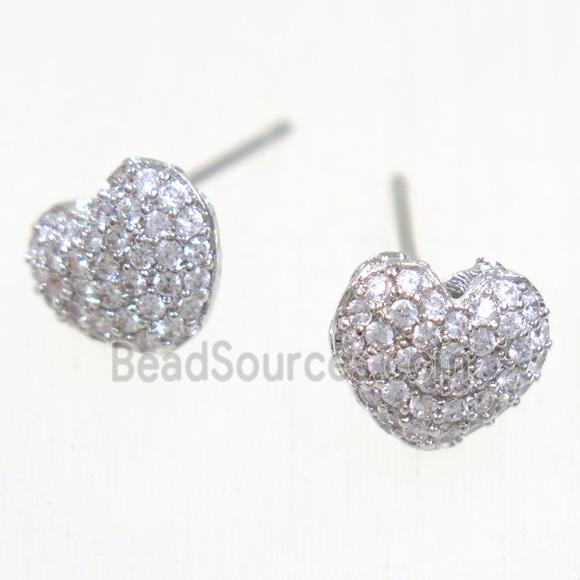 copper heart earring studs paved zircon, platinum plated
