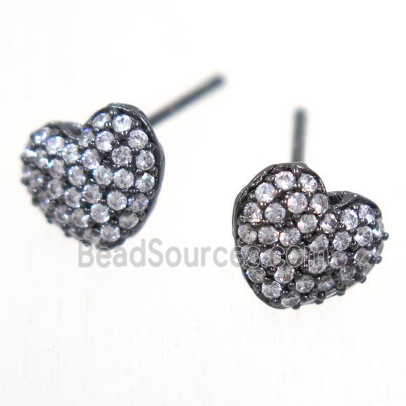 copper heart earring studs paved zircon, black plated