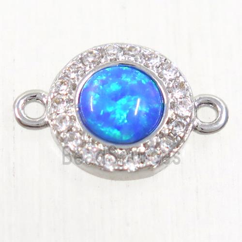 copper circle connector paved zircon with blue fire opal, platinum plated