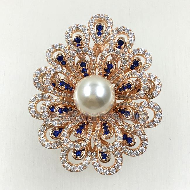 copper flower brooches pave zircon with pearl, revolvable, rose gold