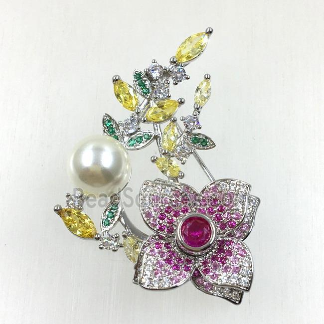 copper flower brooches pave zircon with pearl, revolvable, platinum plated