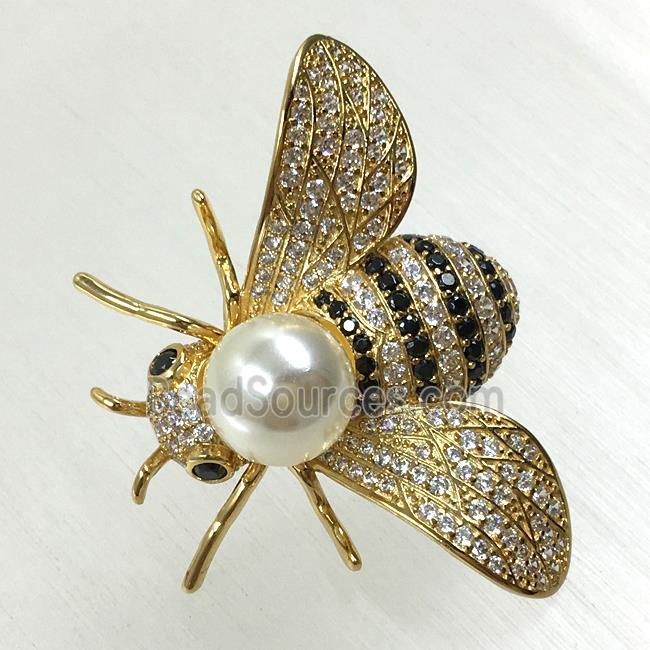 copper honeybee brooches pave zircon with pearl, gold plated