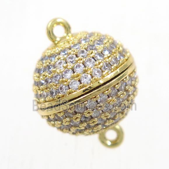 round copper ball magnetic clasp paved zircon, gold plated