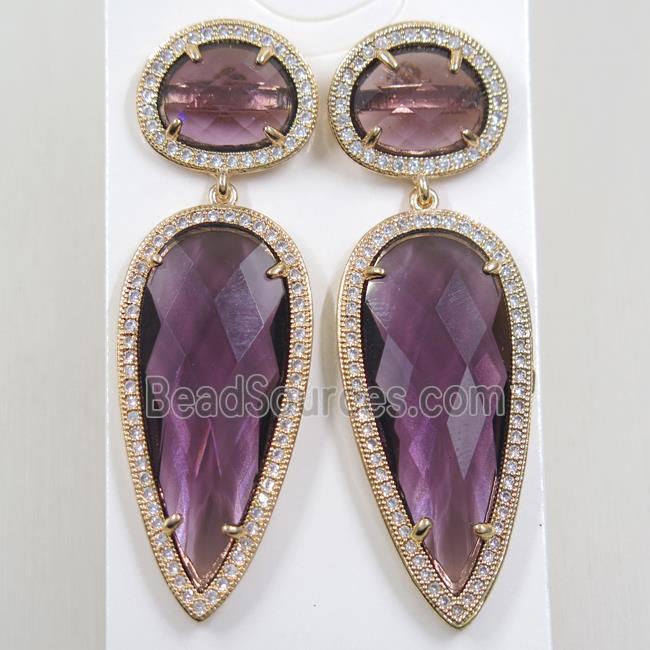 copper earring studs paved zircon with purple crystal glass, gold plated