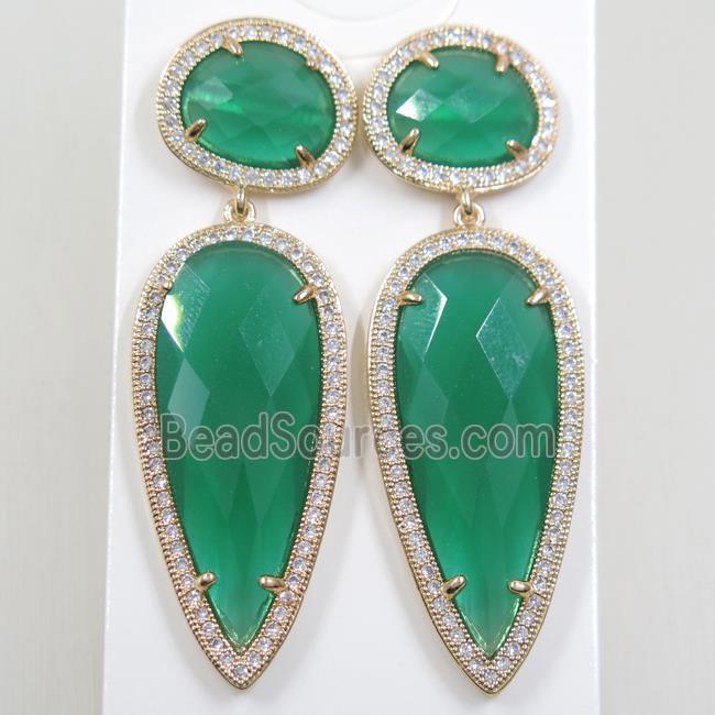 copper earring studs paved zircon with green crystal glass, gold plated