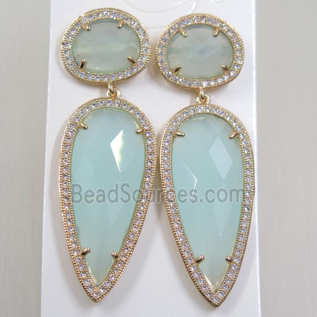 copper earring studs paved zircon with lt.green crystal glass, gold plated