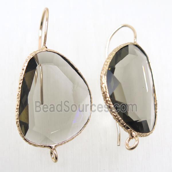 smoky crystal glass earring hook with loop, gold plated