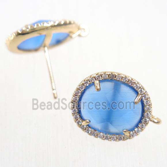 copper earring studs paved zircon with blue crystal glass, gold plated