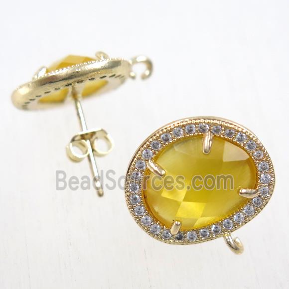 copper earring studs paved zircon with yellow crystal glass, gold plated