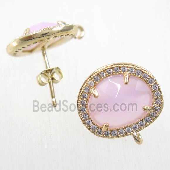 copper earring studs paved zircon with pink crystal glass, gold plated