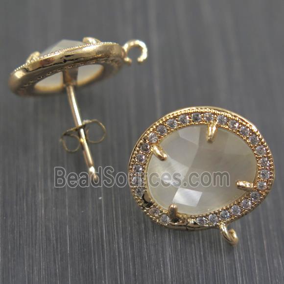 copper earring studs paved zircon with white crystal glass, gold plated