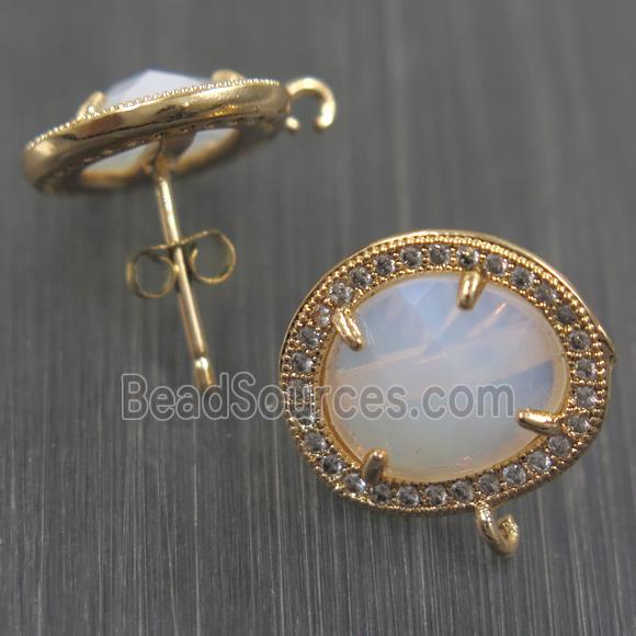 copper earring studs paved zircon with white opalite crystal glass, gold plated