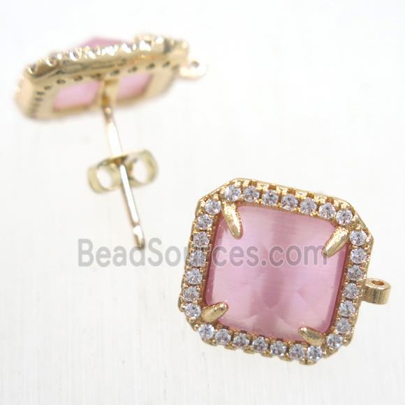 copper square earring studs paved zircon with pink crystal glass, gold plated