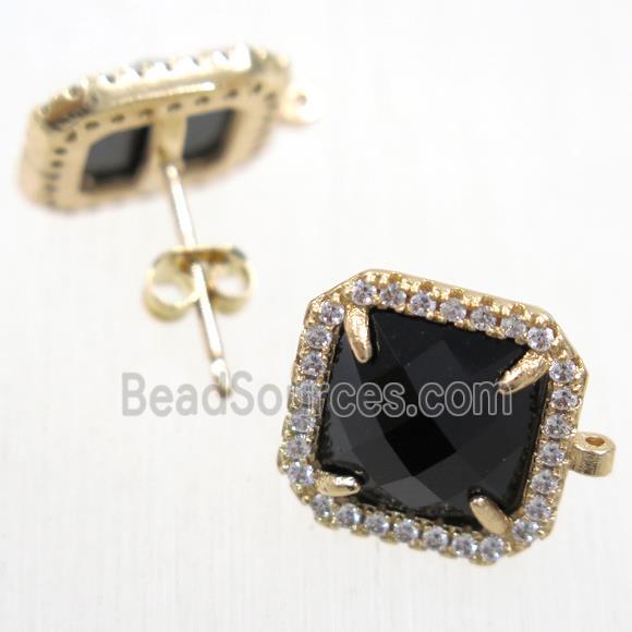 copper square earring studs paved zircon with black crystal glass, gold plated