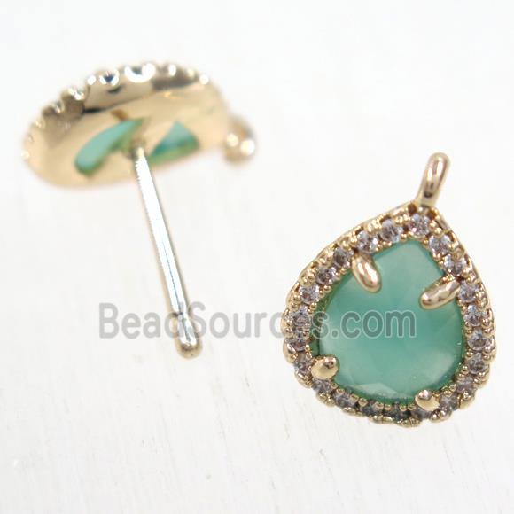 copper teardrop earring studs paved zircon with green crystal glass, gold plated