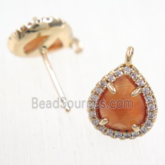 copper teardrop earring studs paved zircon with orange crystal glass, gold plated