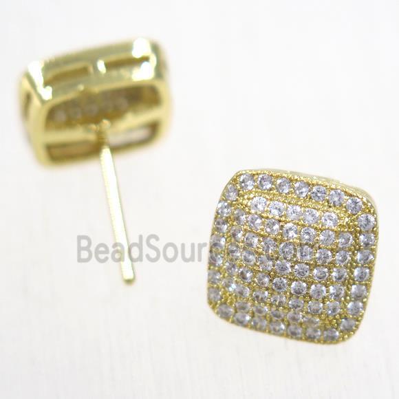 copper square earring studs paved zircon, gold plated