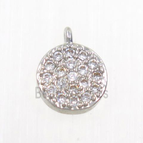 copper button circle pendant paved zircon, platinum plated