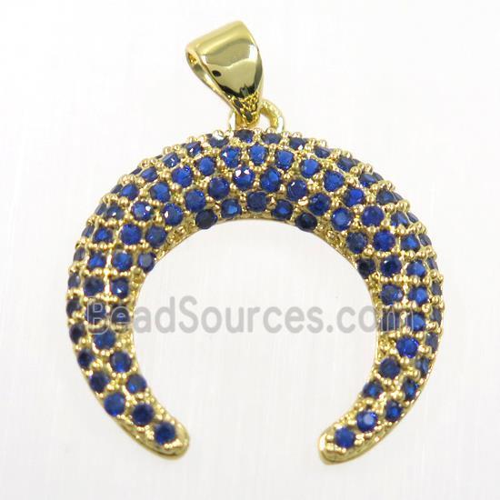 copper crescent pendant paved blue zircon, gold plated