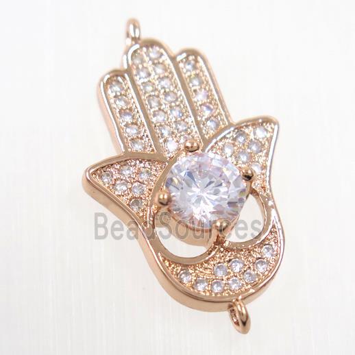 copper HamsaHand connector paved zircon, rose gold