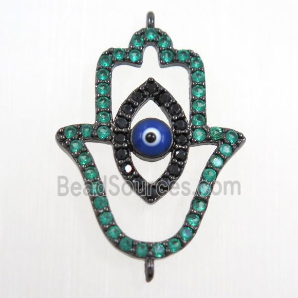 copper HamsaHand connector paved green zircon, evil eye, black plated