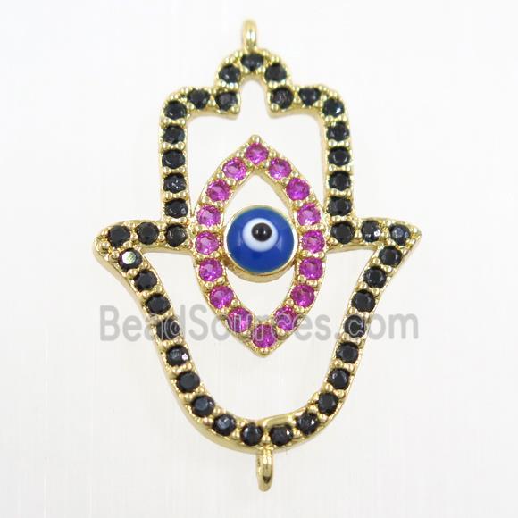 copper HamsaHand connector paved zircon, evil eye, gold plated