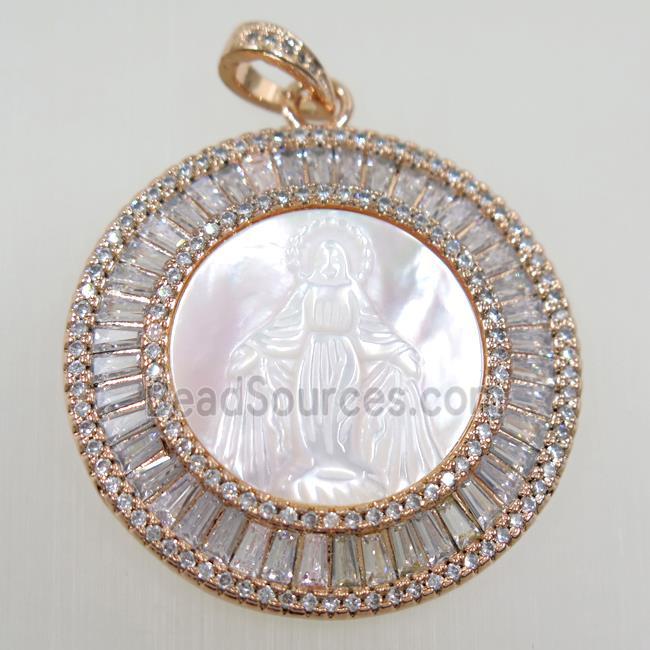 copper circle pendant paved zircon, shell Jesus, rose gold