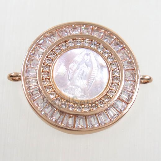 copper circle connector paved zircon, shell Jesus, rose gold