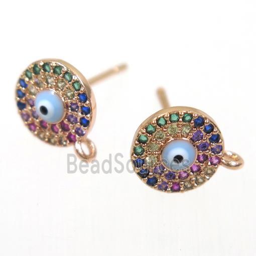 copper Earring Studs paved zircon, evil eye, rose gold