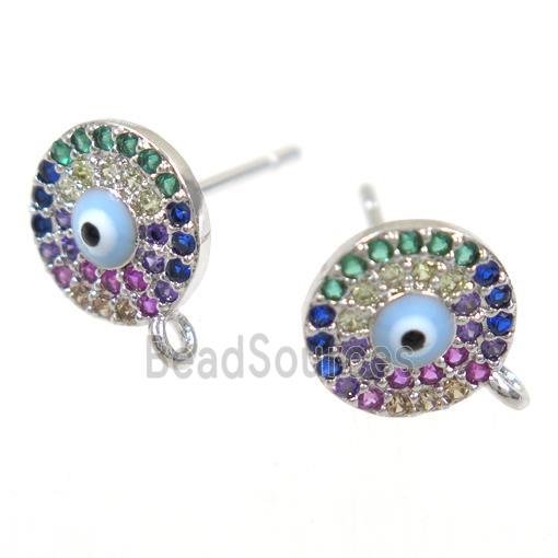 copper Earring Studs paved zircon, evil eye, platinum plated