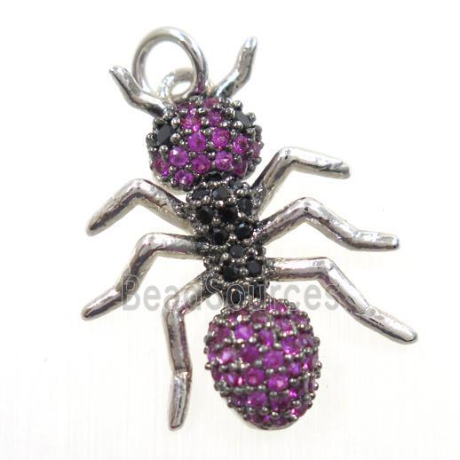 copper Ant pendant paved zircon, platinum plated