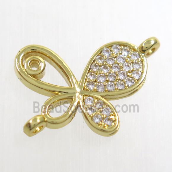 copper connector paved zircon, butterfly, gold plated