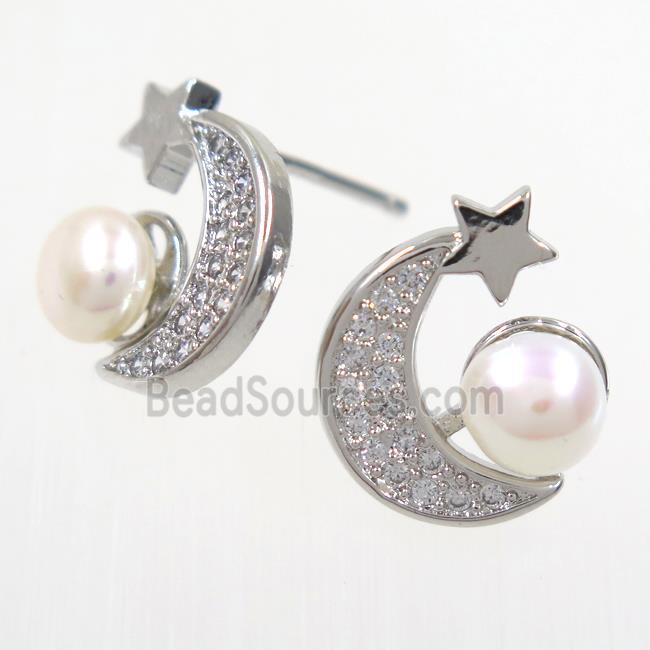 copper earring studs paved zircon, pearl