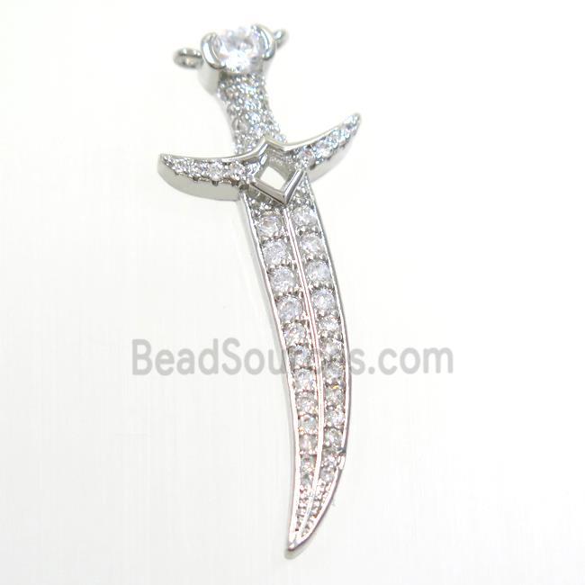 copper knife pendant paved zircon, platinum plated