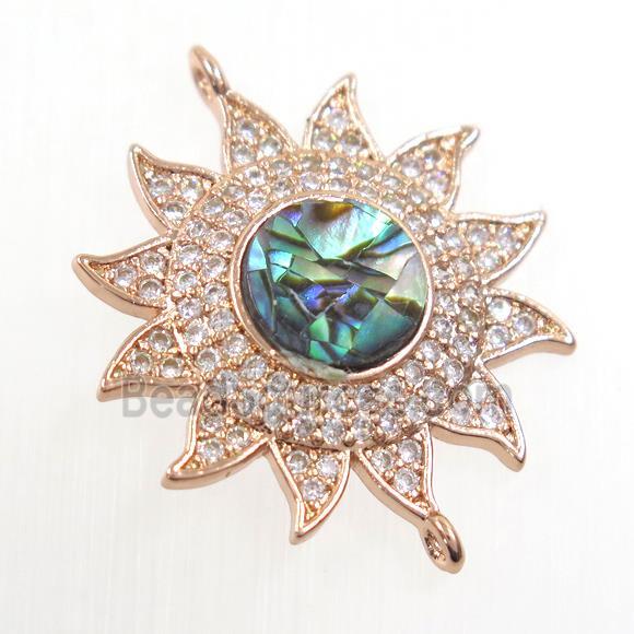 copper sunflower connector paved zircon with abalone shell, rose gold