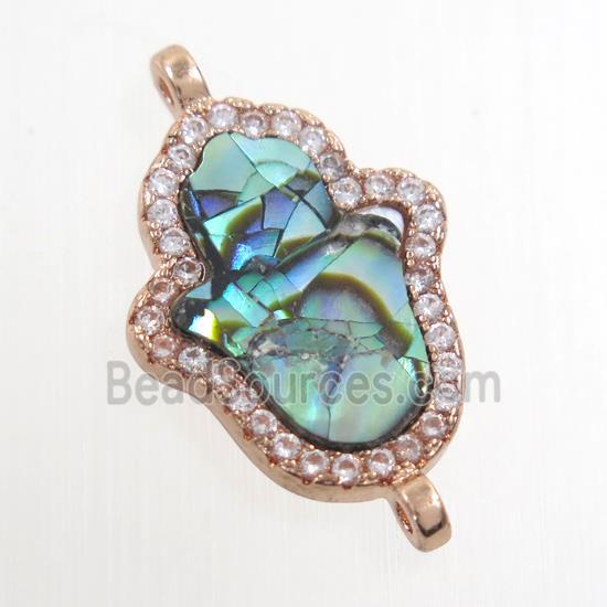 copper hamsahand connector paved zircon with abalone shell, rose gold