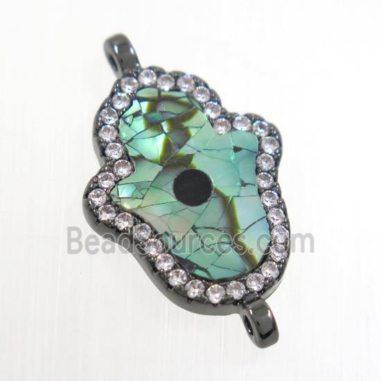 copper hamsahand connector paved zircon with abalone shell, black plated