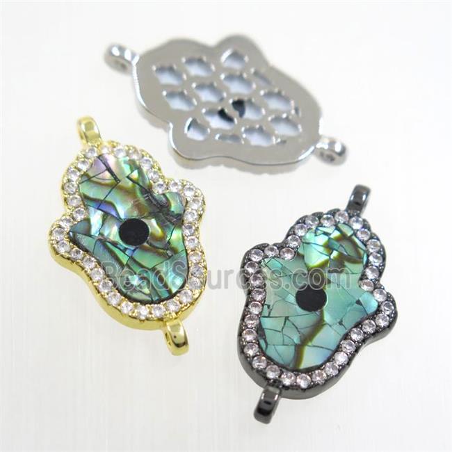 copper hamsahand connector paved zircon with abalone shell, mixed